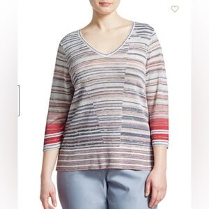 NIC+ZOE Plus 2X Skyline Linen Blend Knit Blouse Striped Career office V Neck
